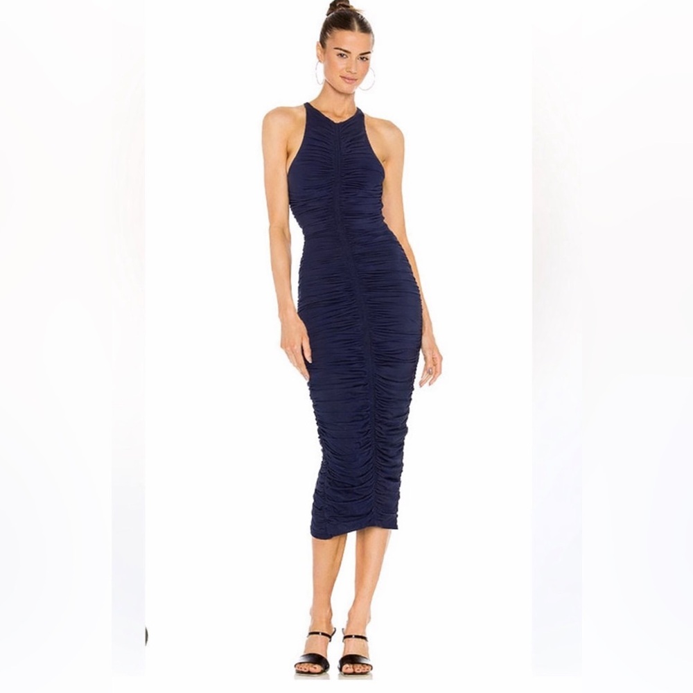 A.L.C. Adrienne Midi Bodycon Ruched Navy Blue Dress slimming size Large